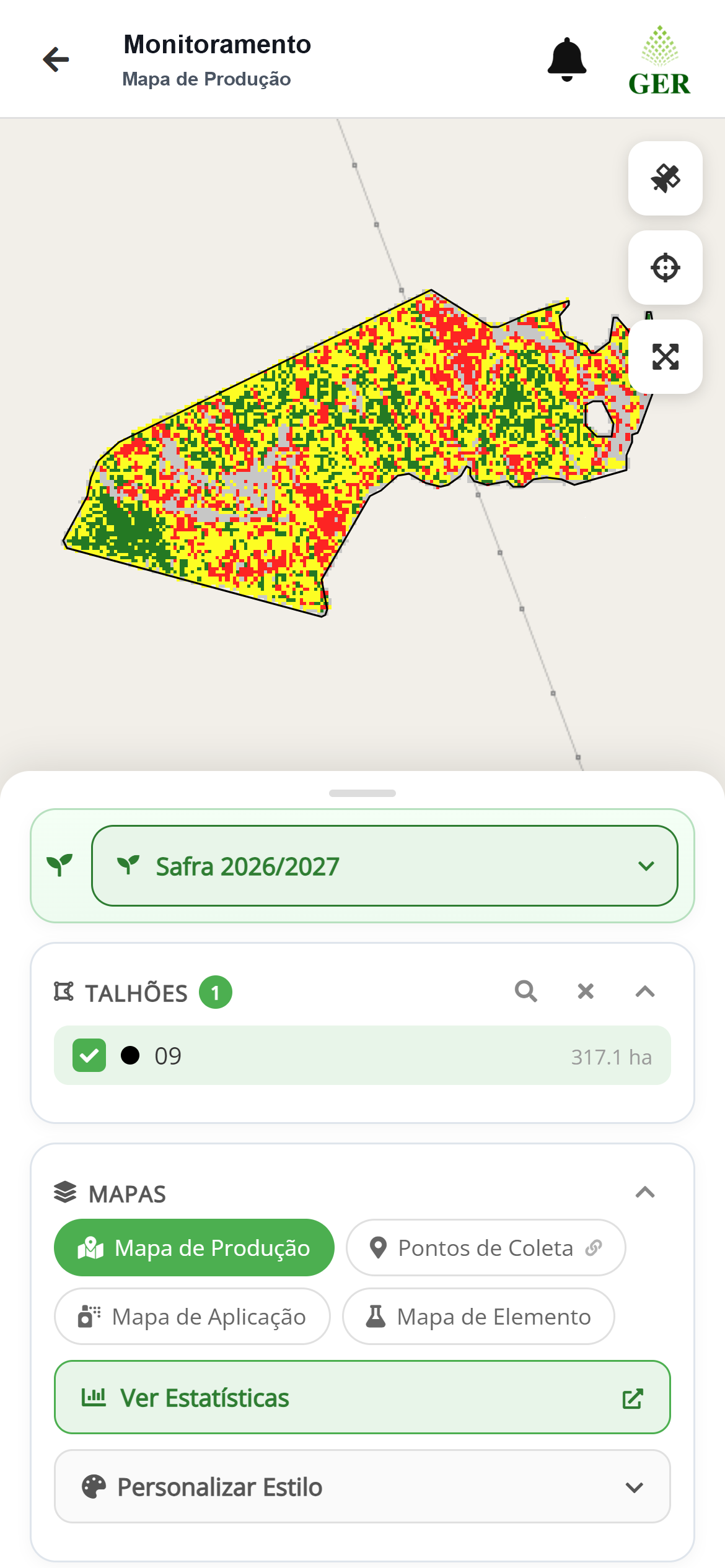 Aplicativo da GER Agricultura mostrando mapa de produção do talhão