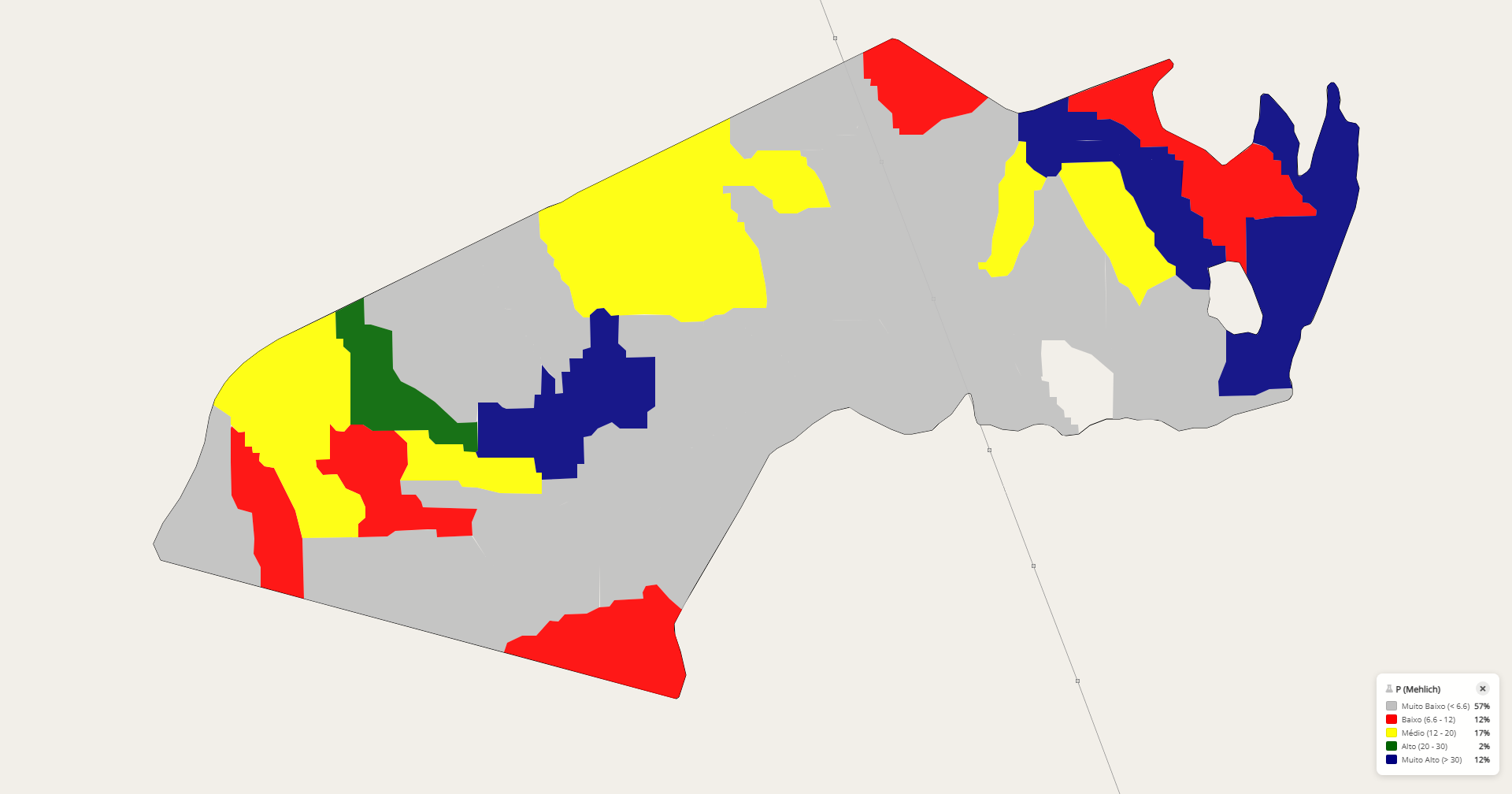 Mapa de fósforo do solo, dividido em 5 classes de concentração por cor