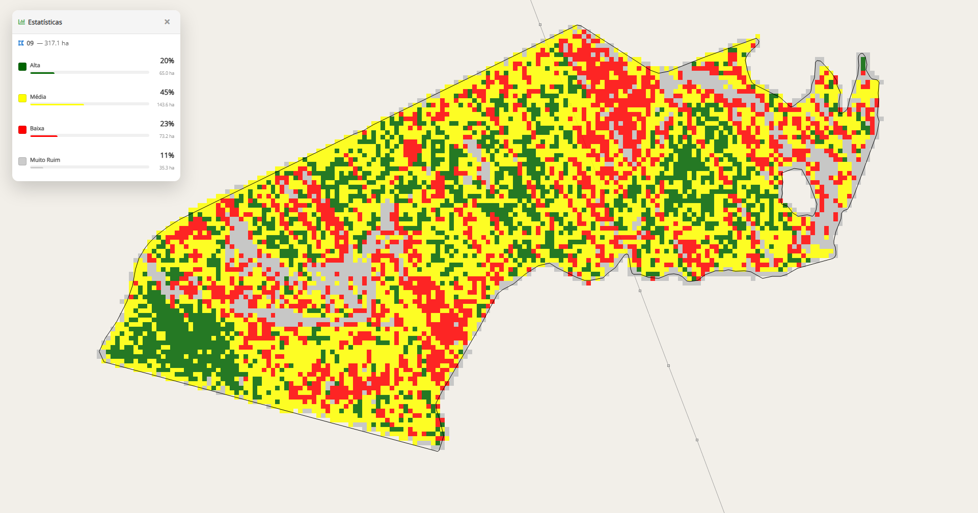 Mapa de produção colorido por zonas, mostrando alta, média, baixa produtividade
